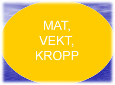 Illustrasjon: En stor runding inni en firkant som fyller mesparten av firkanten. Inni rundingen står ordene MAT, VEKT, KROPP. Illustrerer at fokus på mat, vekt og kropp tar veldig stor plass i noens liv.