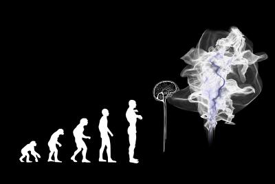 Illustrasjon: bilde av menneskets utvikling fra apemennesket til dagens menneske med avansert hjerne. Illustrerer evolusjonen